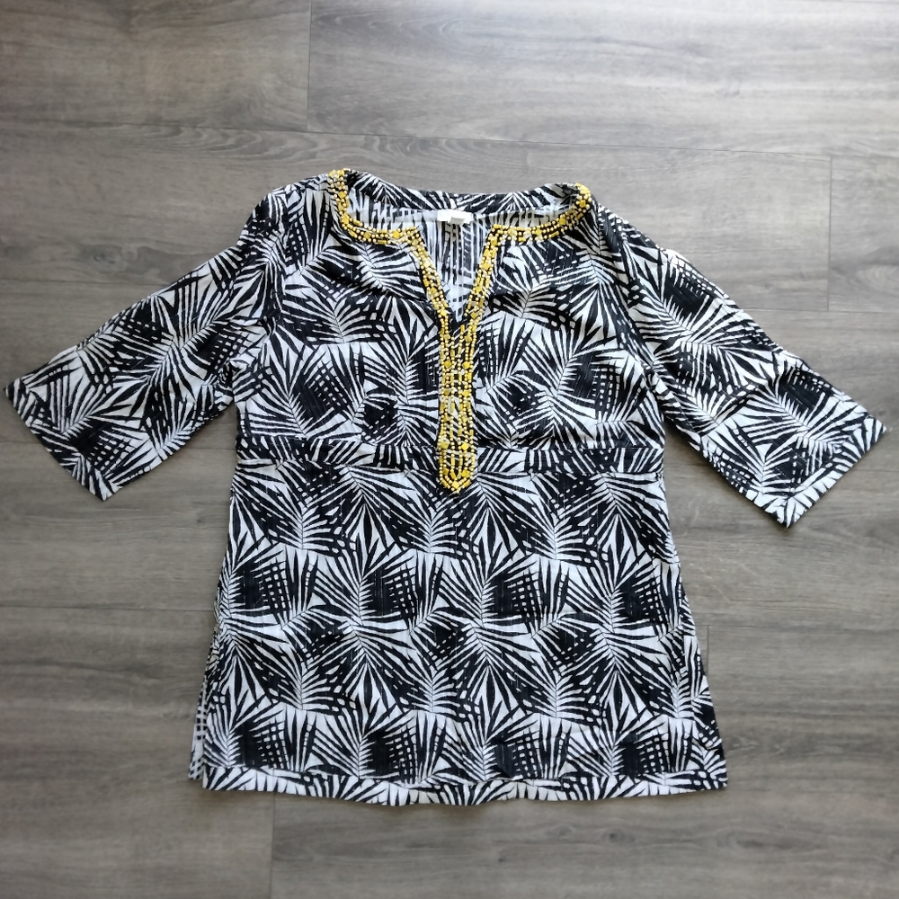 Charter Club Womens Size 16 W Beaded Tropical Print Blouse Black and White